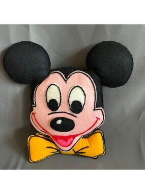 Vintage Handmade Felt Mickey Mouse Head Plush With Yellow Bow - Retro Disney-Ins